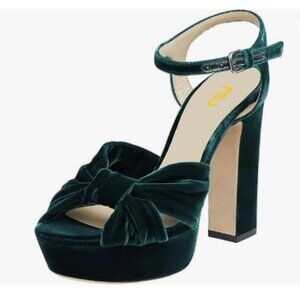 FSJ Dark Green Velvet Platform Chunky High Heel Sandal Peep Toe Ankle Strap Shoe